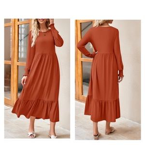 Long Sleeve Crewneck Casual Loose Pleated Tiered Swing Midi Dresses with Pockets
